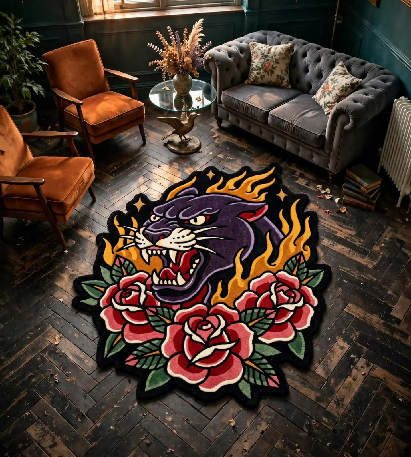 Flaming Panther Roses Rugs thumbnail 7