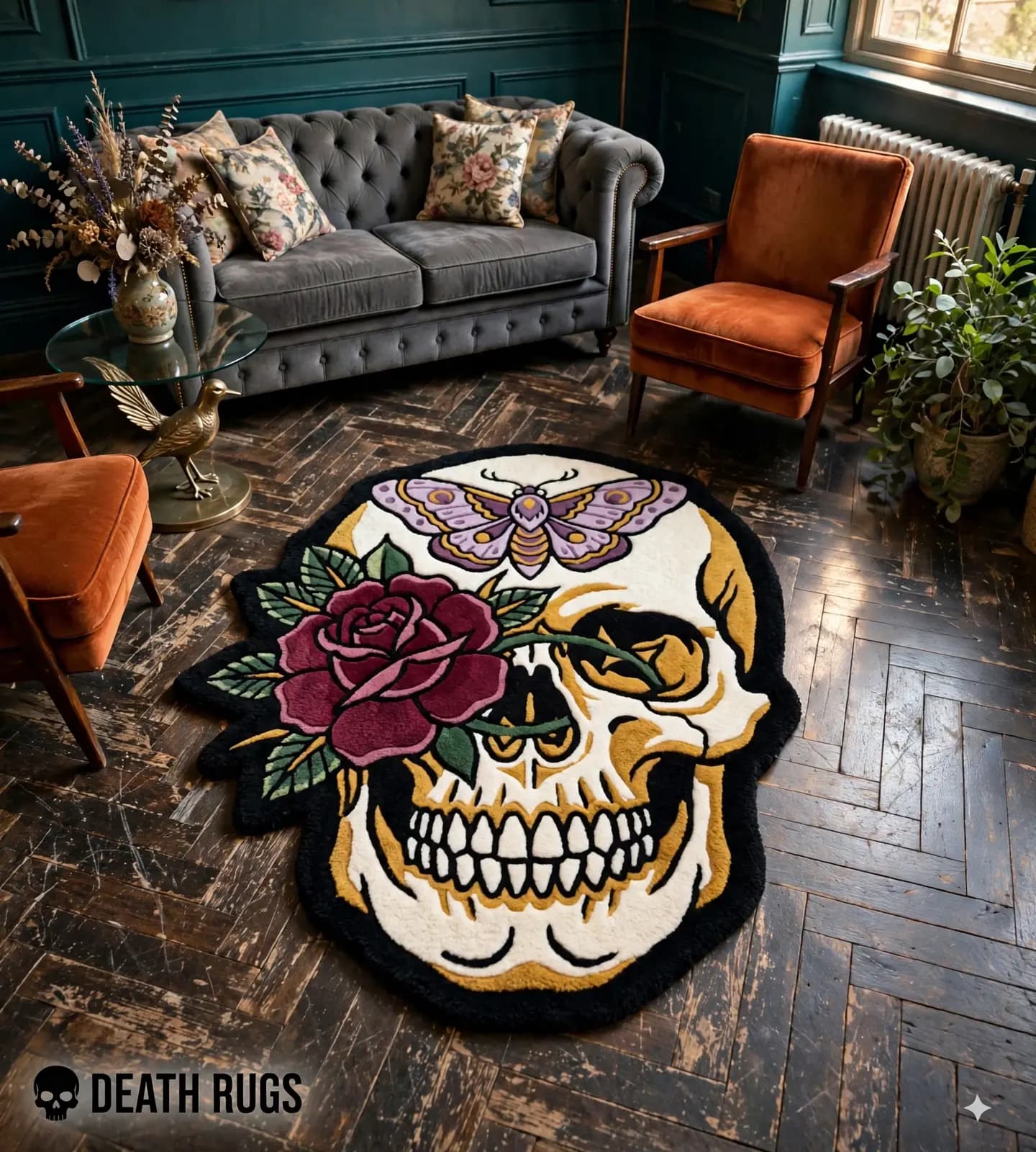 Skull, Moth & Crimson Rose Rugs thumbnail 4