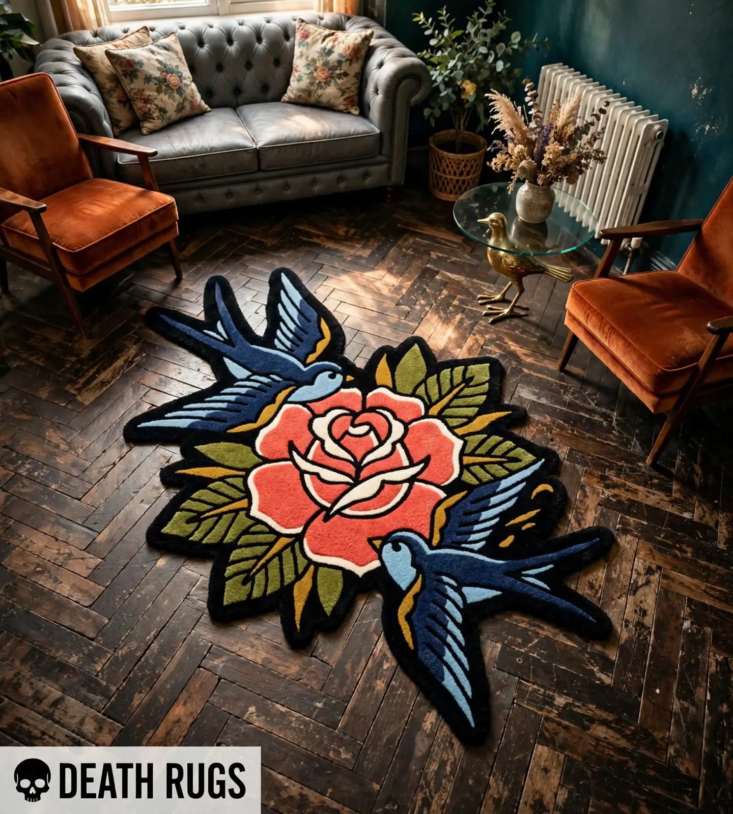 Swallows & Rose Tufted Rug thumbnail 3