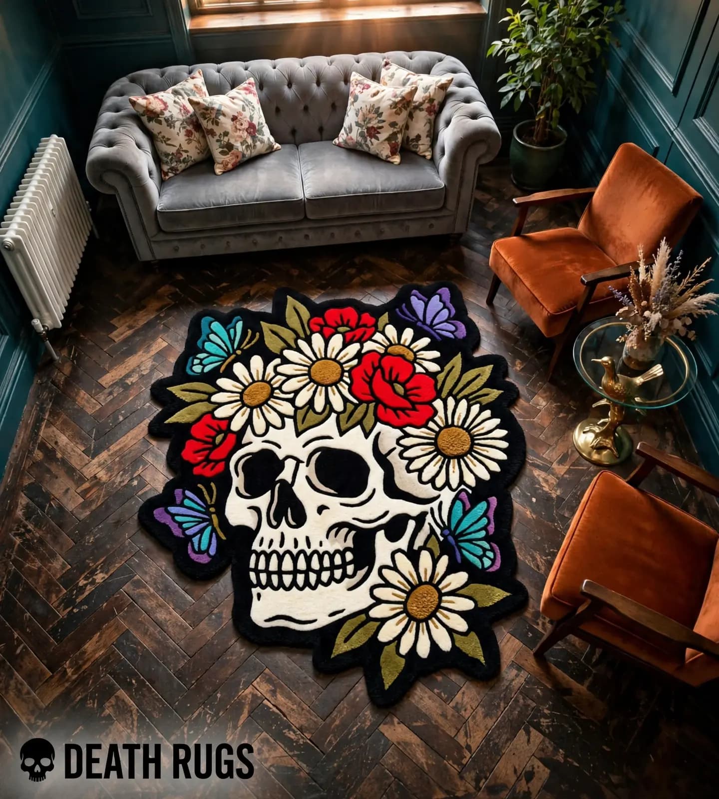 Floral Skull & Butterflies Rugs thumbnail 7