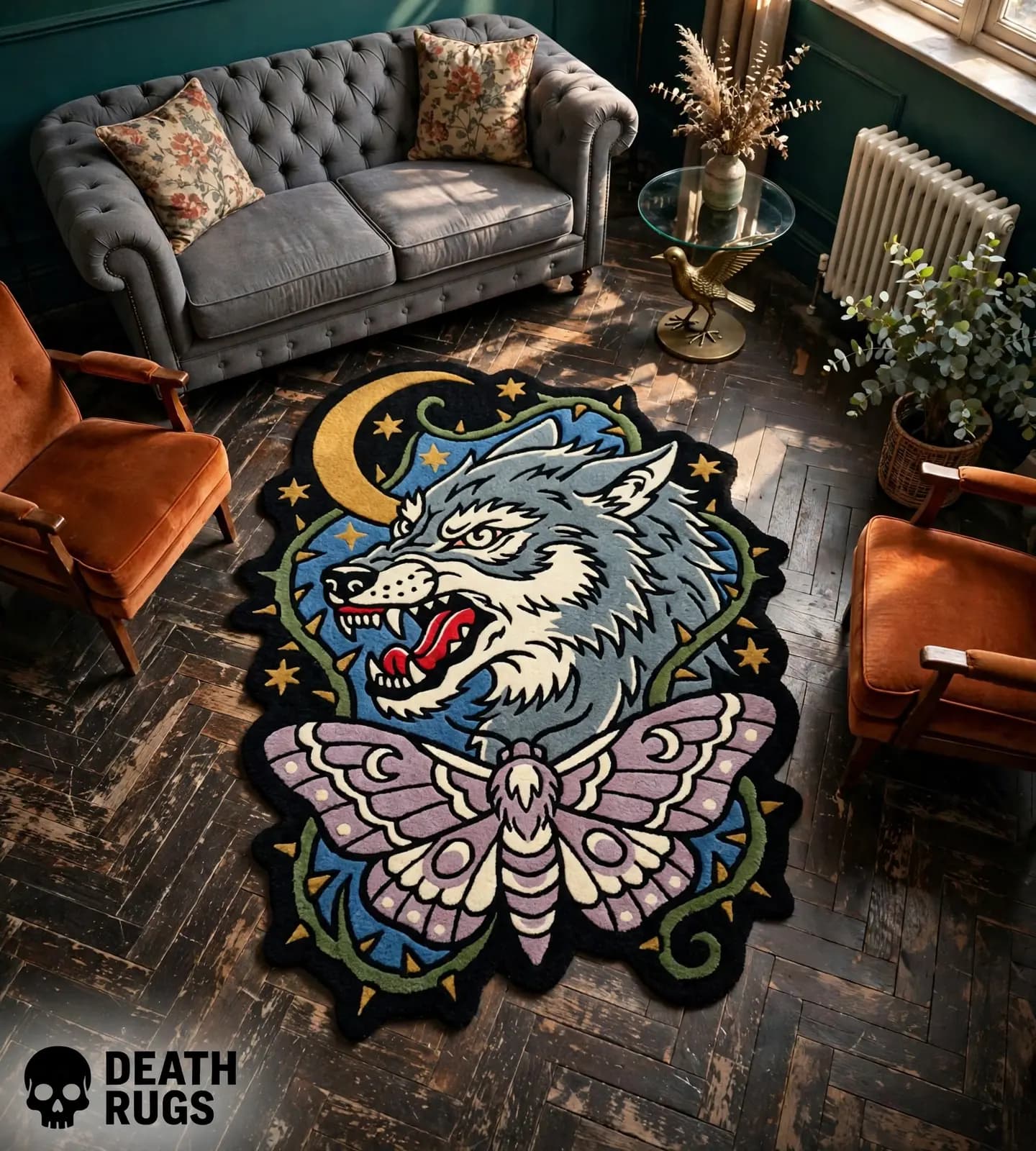 Moonlit Wolf and Moth Rugs thumbnail 4