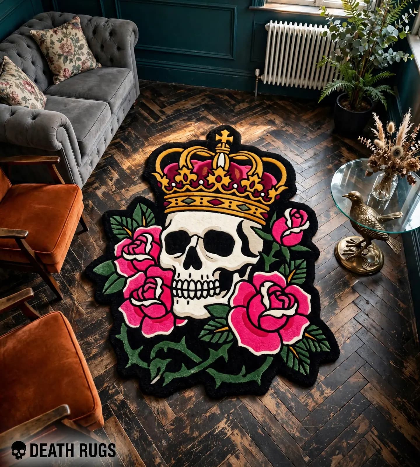 Crowned Skull & Pink Roses Rugs thumbnail 5