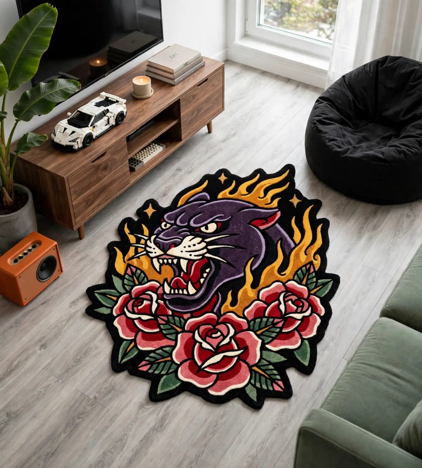 Flaming Panther Roses Rugs alternate